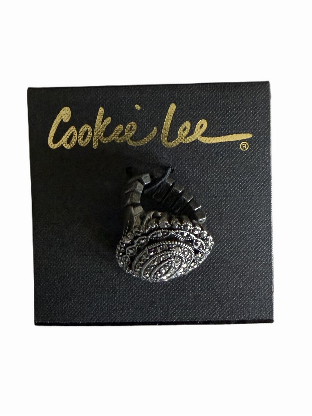 Cookie Lee Silver Tone Stretch Ring with Marcasite-Look Oval Statement Design